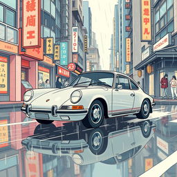 An anime-inspired Porsche 911 cruising through the rainy streets of Tokyo, blending traditional Japanese elements with modern aesthetics