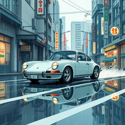 An anime-inspired Porsche 911 cruising through the rainy streets of Tokyo, blending traditional Japanese elements with modern aesthetics