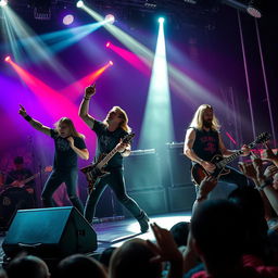 A powerful and energetic metalcore band performing on stage with intense lighting effects and a dynamic crowd