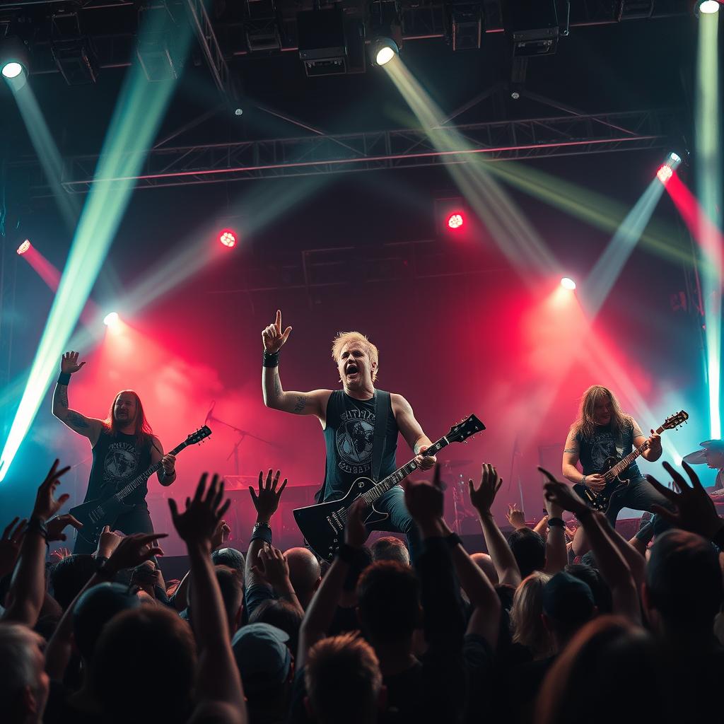 A powerful and energetic metalcore band performing on stage with intense lighting effects and a dynamic crowd