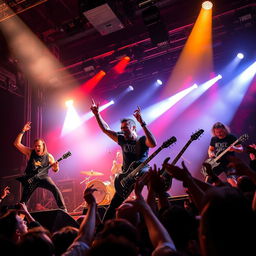 A powerful and energetic metalcore band performing on stage with intense lighting effects and a dynamic crowd