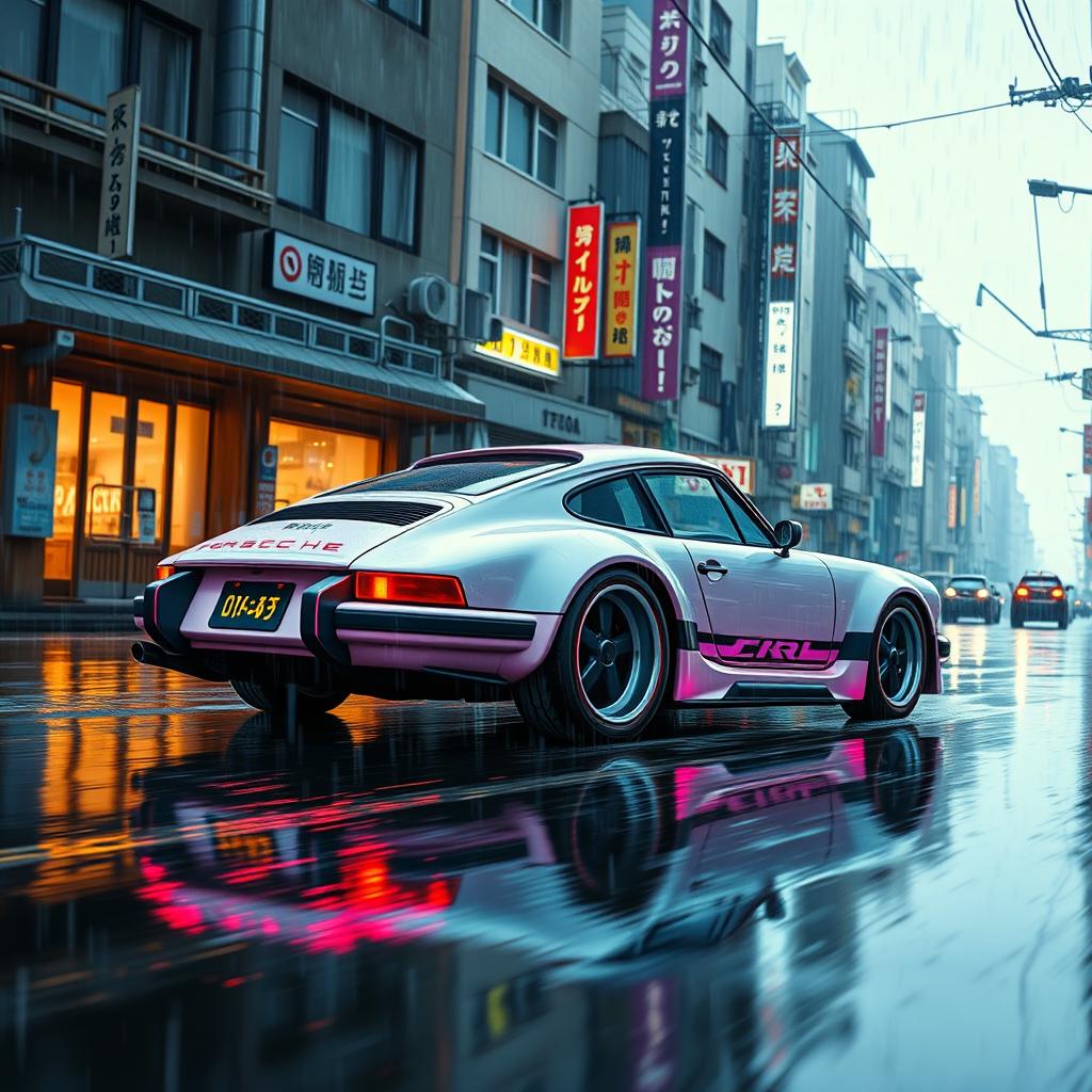 A Neon Genesis Evangelion style scene featuring an anime-inspired Porsche 911 driving through the rainy streets of Tokyo