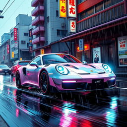 A Neon Genesis Evangelion style scene featuring an anime-inspired Porsche 911 driving through the rainy streets of Tokyo