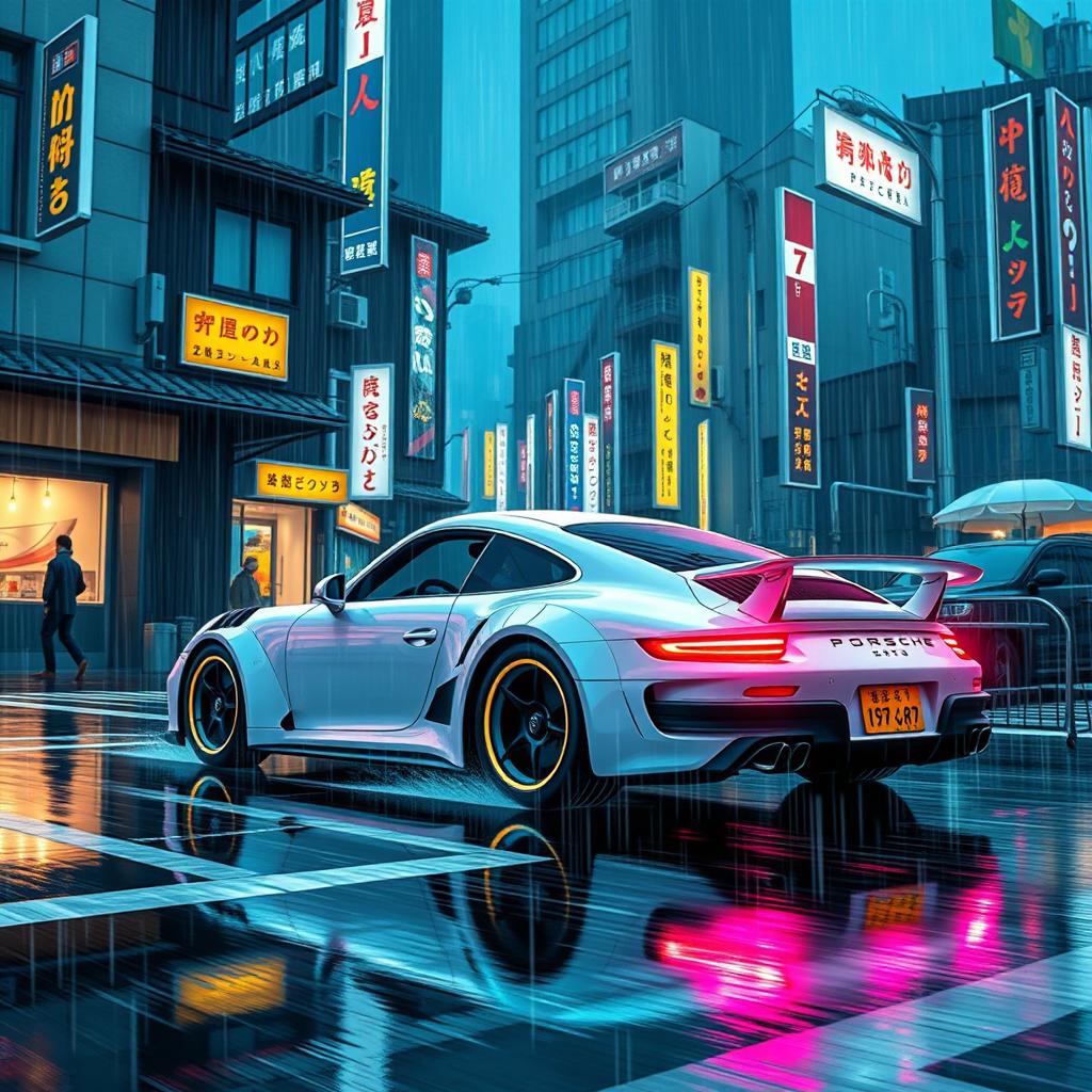 A Neon Genesis Evangelion style scene featuring an anime-inspired Porsche 911 driving through the rainy streets of Tokyo