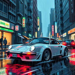 A Neon Genesis Evangelion style scene featuring an anime-inspired Porsche 911 driving through the rainy streets of Tokyo