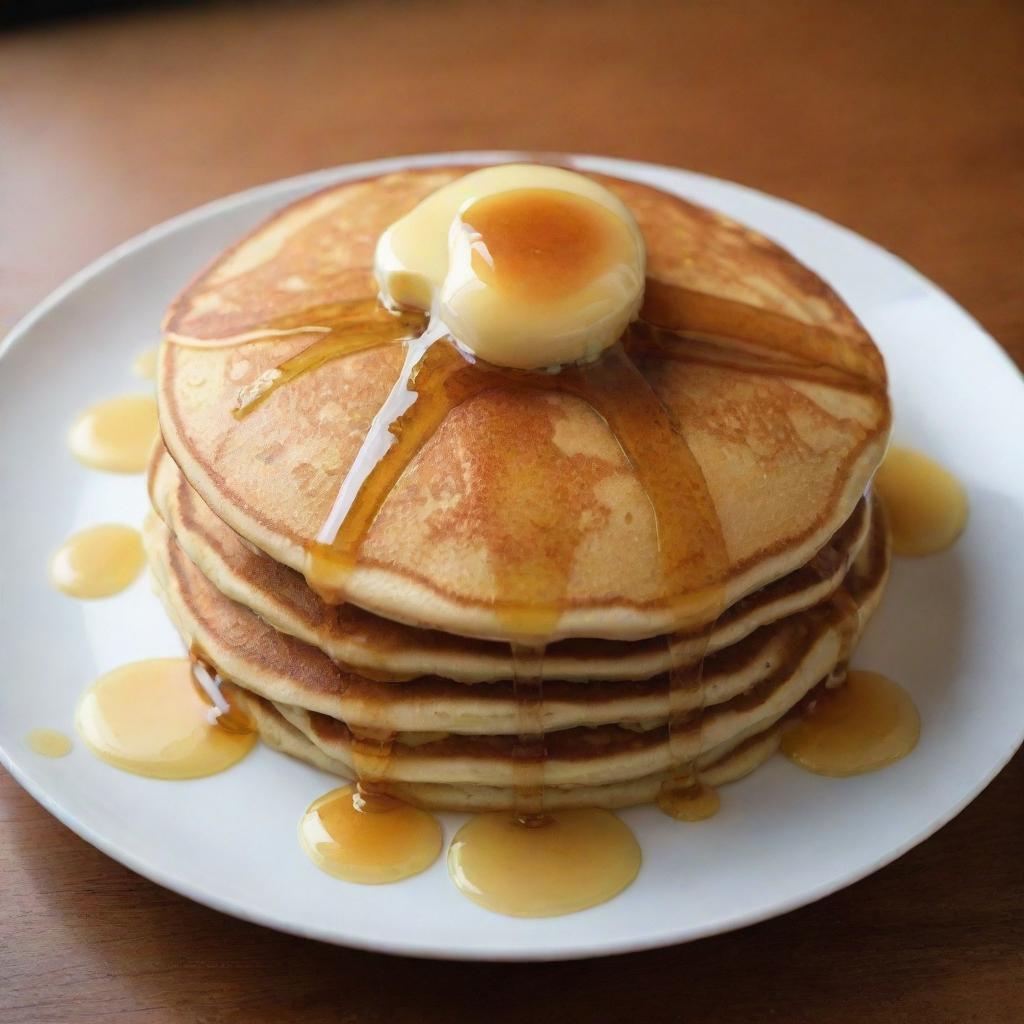 A simple but mouth-watering pancake, adorned with a pat of melting butter and a drizzle of honey, that looks as though it costs just one dollar.