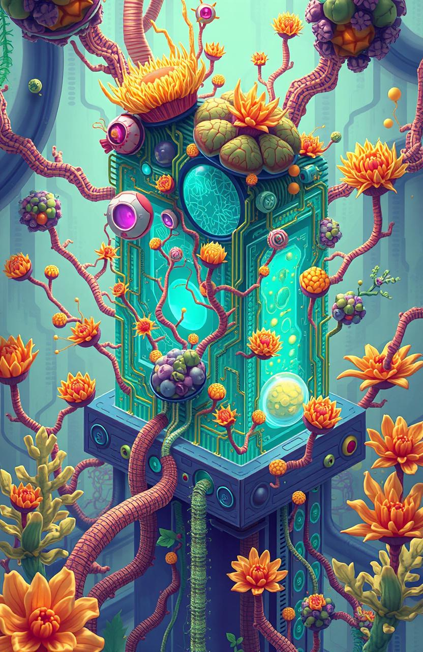 Illustration of a 2D biological computer, featuring organic circuits and living cells interconnected in a vibrant and intricate network