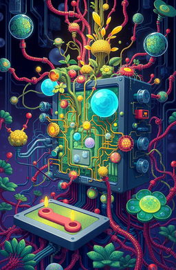 Illustration of a 2D biological computer, featuring organic circuits and living cells interconnected in a vibrant and intricate network