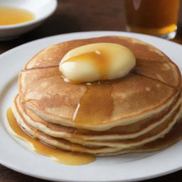 A simple but mouth-watering pancake, adorned with a pat of melting butter and a drizzle of honey, that looks as though it costs just one dollar.