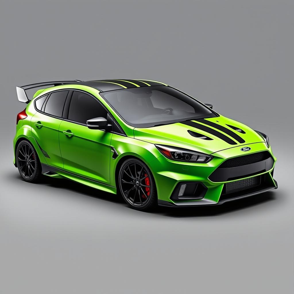 A futuristic AWD 2-door hatchback coupe with a unique design, featuring the 2024 Ford Focus ST door and rocker panel elements combined with the aggressive front and rear bumper design of the 2018 Focus RS