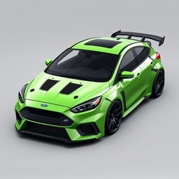 A futuristic AWD 2-door hatchback coupe with a unique design, featuring the 2024 Ford Focus ST door and rocker panel elements combined with the aggressive front and rear bumper design of the 2018 Focus RS