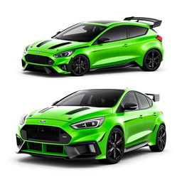 A futuristic AWD 2-door hatchback coupe with a unique design, featuring the 2024 Ford Focus ST door and rocker panel elements combined with the aggressive front and rear bumper design of the 2018 Focus RS