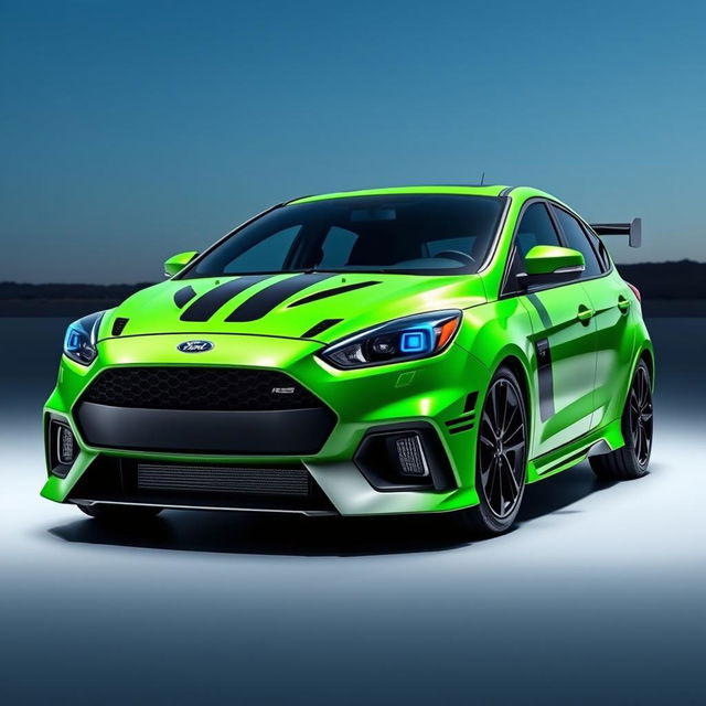 A futuristic AWD 2-door hatchback coupe with a unique design, featuring the 2024 Ford Focus ST door and rocker panel elements combined with the aggressive front and rear bumper design of the 2018 Focus RS