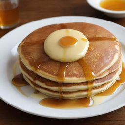 A simple but mouth-watering pancake, adorned with a pat of melting butter and a drizzle of honey, that looks as though it costs just one dollar.