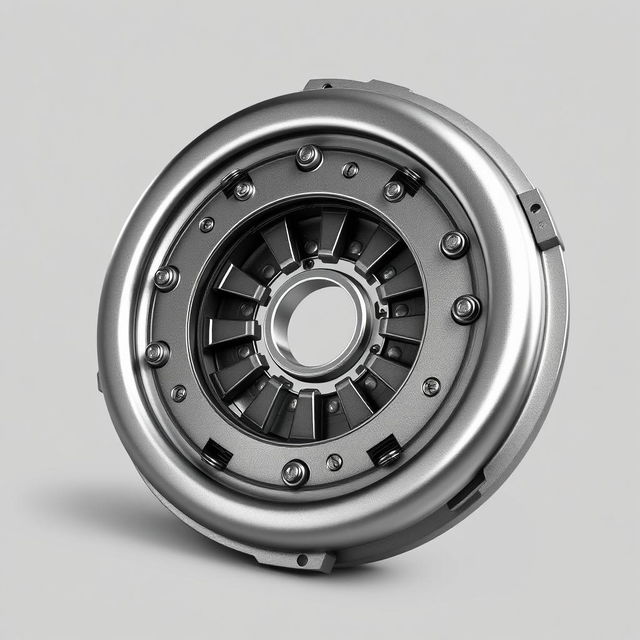 A detailed and realistic illustration of a mechanical clutch disc, showing the intricate design and components such as the friction material, springs, and rivets