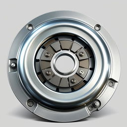 A detailed and realistic illustration of a mechanical clutch disc, showing the intricate design and components such as the friction material, springs, and rivets