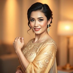 A confident woman wearing an elegant gold dress poses gracefully for a photo