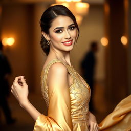 A confident woman wearing an elegant gold dress poses gracefully for a photo