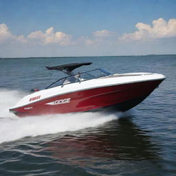 A robust and sporty speed boat design that incorporates the aggressive design features, standout logo, and significant colors of a Dodge vehicle