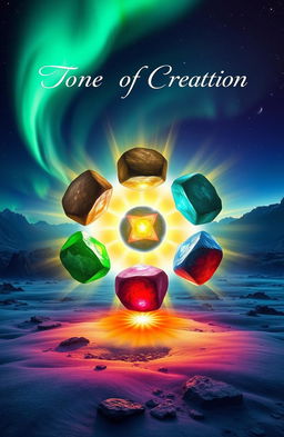 A powerful and mystical scene showcasing seven stones, each uniquely colored black, brown, green, blue, white, red, and yellow, arranged in a circular pattern