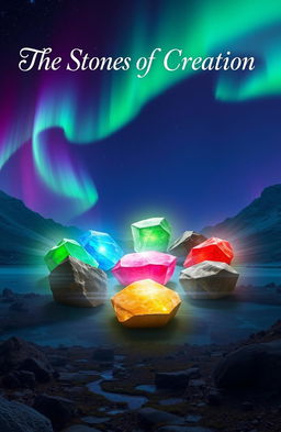 A powerful and mystical scene showcasing seven stones, each uniquely colored black, brown, green, blue, white, red, and yellow, arranged in a circular pattern