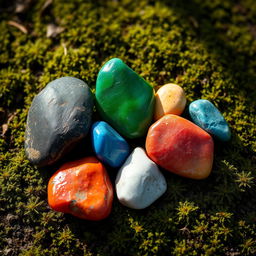 A captivating image featuring seven distinct stones, each in a vibrant color: black, brown, green, blue, white, red, and yellow, placed in a harmonious arrangement