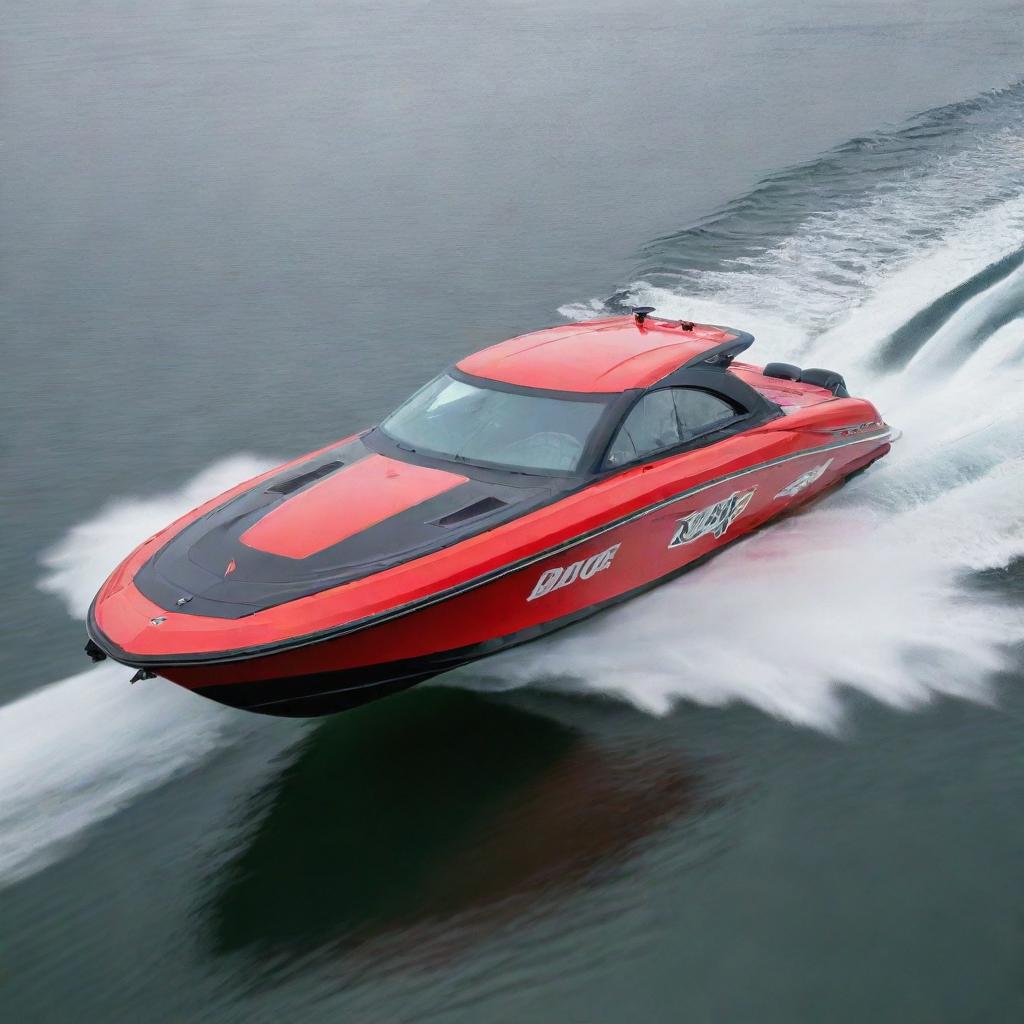 A robust and sporty speed boat design that incorporates the aggressive design features, standout logo, and significant colors of a Dodge vehicle