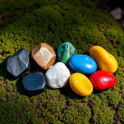 A captivating image featuring seven distinct stones, each in a vibrant color: black, brown, green, blue, white, red, and yellow, placed in a harmonious arrangement