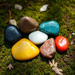 A captivating image featuring seven distinct stones, each in a vibrant color: black, brown, green, blue, white, red, and yellow, placed in a harmonious arrangement