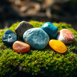 A captivating image featuring seven distinct stones, each in a vibrant color: black, brown, green, blue, white, red, and yellow, placed in a harmonious arrangement