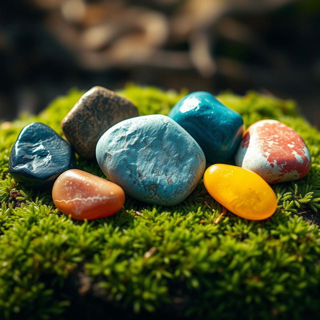 A captivating image featuring seven distinct stones, each in a vibrant color: black, brown, green, blue, white, red, and yellow, placed in a harmonious arrangement