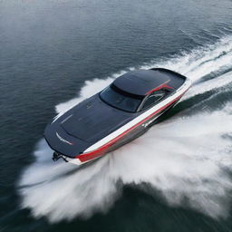 A robust and sporty speed boat design that incorporates the aggressive design features, standout logo, and significant colors of a Dodge vehicle