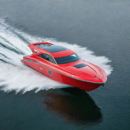 A robust and sporty speed boat design that incorporates the aggressive design features, standout logo, and significant colors of a Dodge vehicle