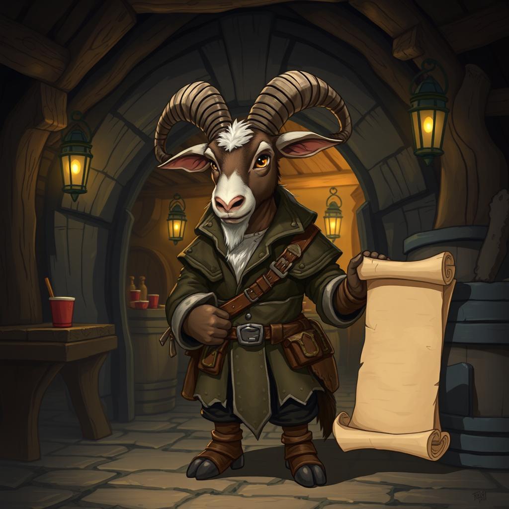 A fantasy-style illustration of a DnD-inspired anthropomorphic goat standing at the exit of a rustic tavern, holding a parchment