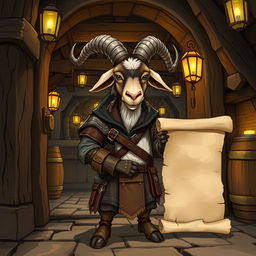 A fantasy-style illustration of a DnD-inspired anthropomorphic goat standing at the exit of a rustic tavern, holding a parchment