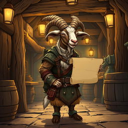 A fantasy-style illustration of a DnD-inspired anthropomorphic goat standing at the exit of a rustic tavern, holding a parchment