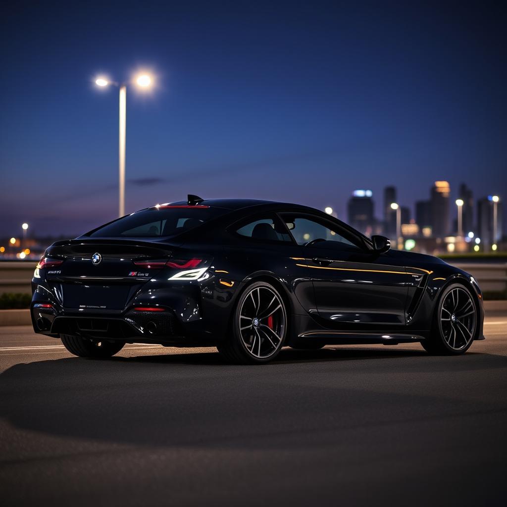 A stunning black BMW M4 parked gracefully on a dimly lit street during late evening