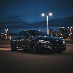 A stunning black BMW M4 parked gracefully on a dimly lit street during late evening