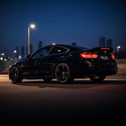 A stunning black BMW M4 parked gracefully on a dimly lit street during late evening