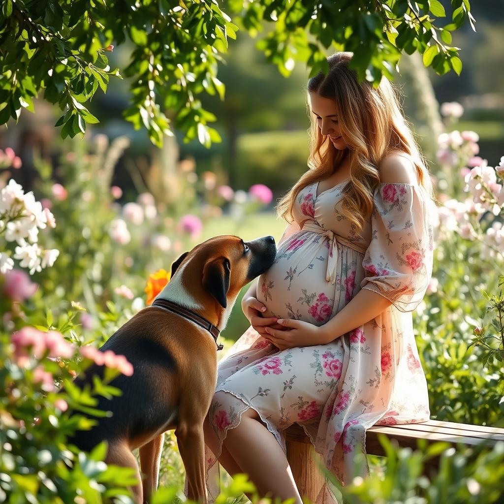 a serene outdoor scene in a lush garden featuring a pregnant woman gently interacting with a curious dog sniffing at her belly