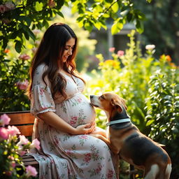 a serene outdoor scene in a lush garden featuring a pregnant woman gently interacting with a curious dog sniffing at her belly