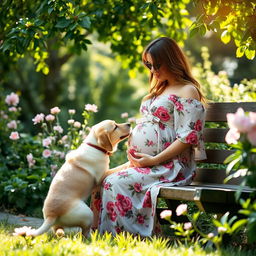 a serene outdoor scene in a lush garden featuring a pregnant woman gently interacting with a curious dog sniffing at her belly