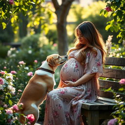 a serene outdoor scene in a lush garden featuring a pregnant woman gently interacting with a curious dog sniffing at her belly