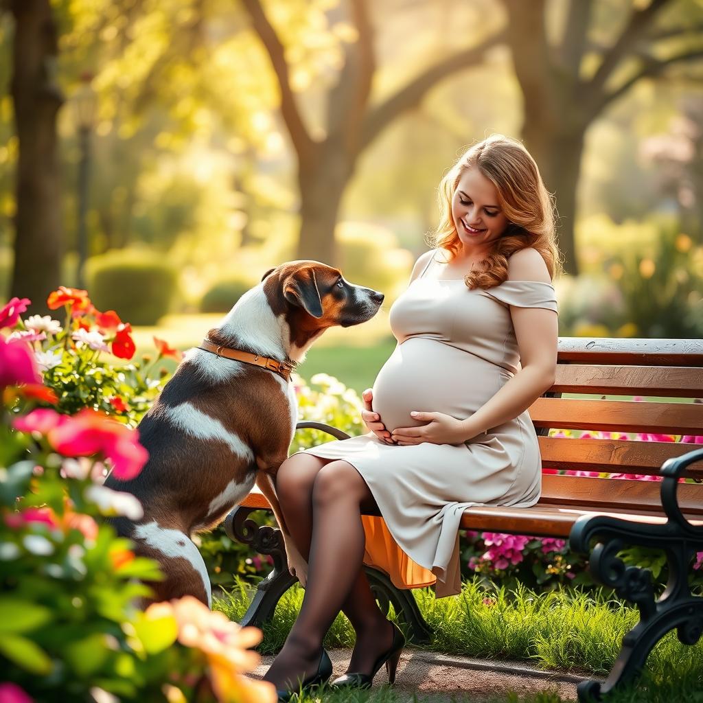 a serene garden setting featuring a pregnant woman wearing a stylish skirt and stockings, lovingly interacting with a dog that is gently sniffing her