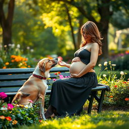 a serene garden setting featuring a pregnant woman wearing a stylish skirt and stockings, lovingly interacting with a dog that is gently sniffing her