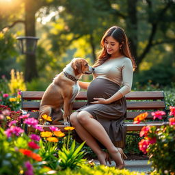 a serene garden setting featuring a pregnant woman wearing a stylish skirt and stockings, lovingly interacting with a dog that is gently sniffing her