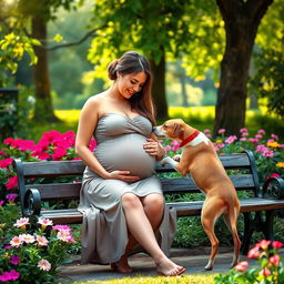 a serene garden setting featuring a pregnant woman wearing a stylish skirt and stockings, lovingly interacting with a dog that is gently sniffing her