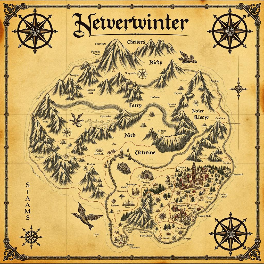 A medieval styled map depicting the southern region of the fictional city of Neverwinter