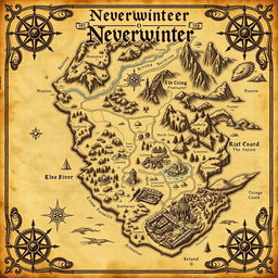 A medieval styled map depicting the southern region of the fictional city of Neverwinter