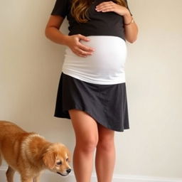 A young woman with a joyful smile, who is visibly pregnant, is wearing stylish stockings and a skirt